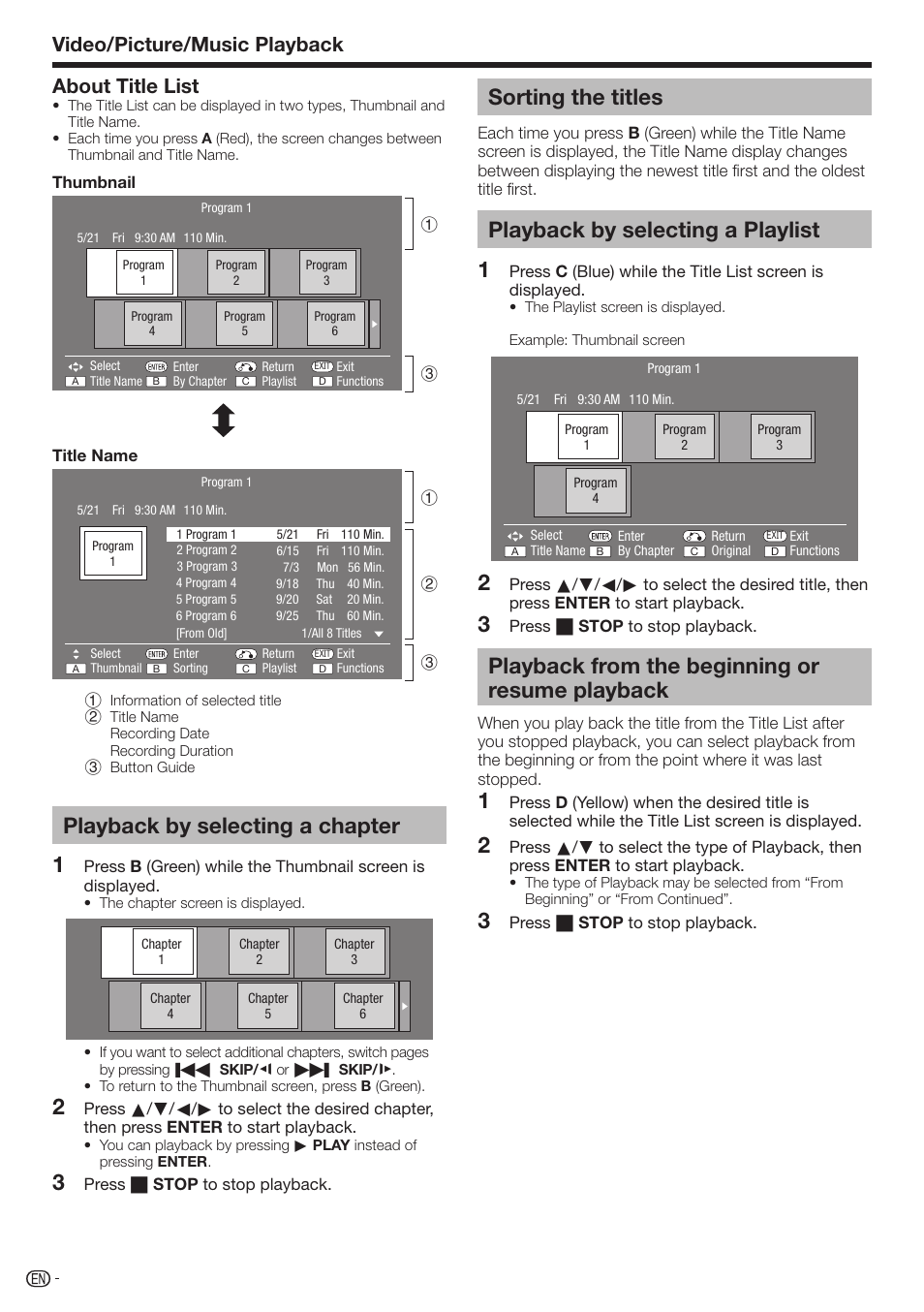 Playback by selecting a chapter, Sorting the titles, Playback by selecting a playlist | Playback from the beginning or resume playback, Video/picture/music playback, About title list | Sharp 10P01-CH-NG User Manual | Page 30 / 65