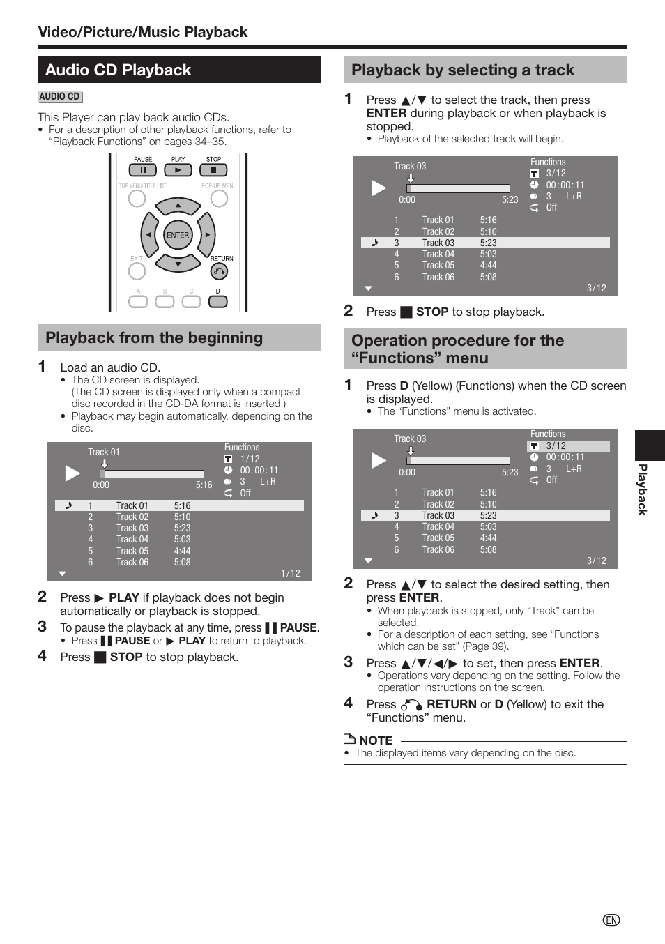 Audio cd playback, Playback from the beginning, 4playback by selecting a track | Operation procedure for the “functions” menu, Video/picture/music playback | Sharp 10P01-CH-NG User Manual | Page 31 / 65