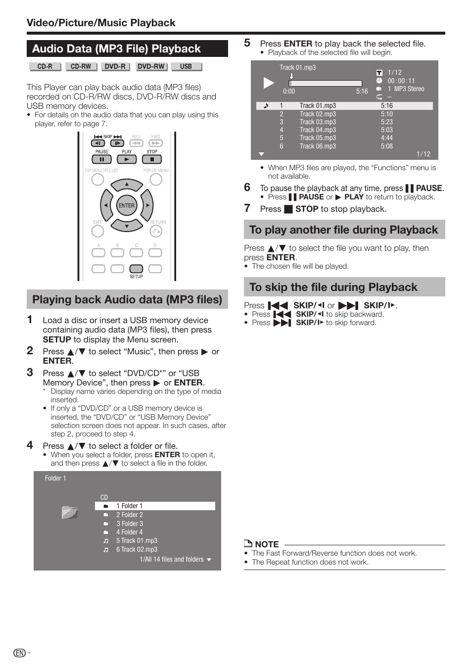 Audio data (mp3 file) playback, Playing back audio data (mp3 files), Video/picture/music playback | Sharp 10P01-CH-NG User Manual | Page 32 / 65