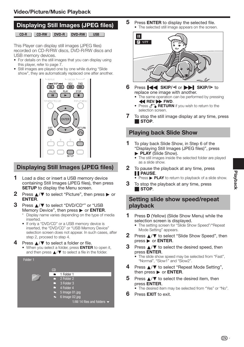 Displaying still images (jpeg files), Playing back slide show, Setting slide show speed/repeat playback | Video/picture/music playback | Sharp 10P01-CH-NG User Manual | Page 33 / 65