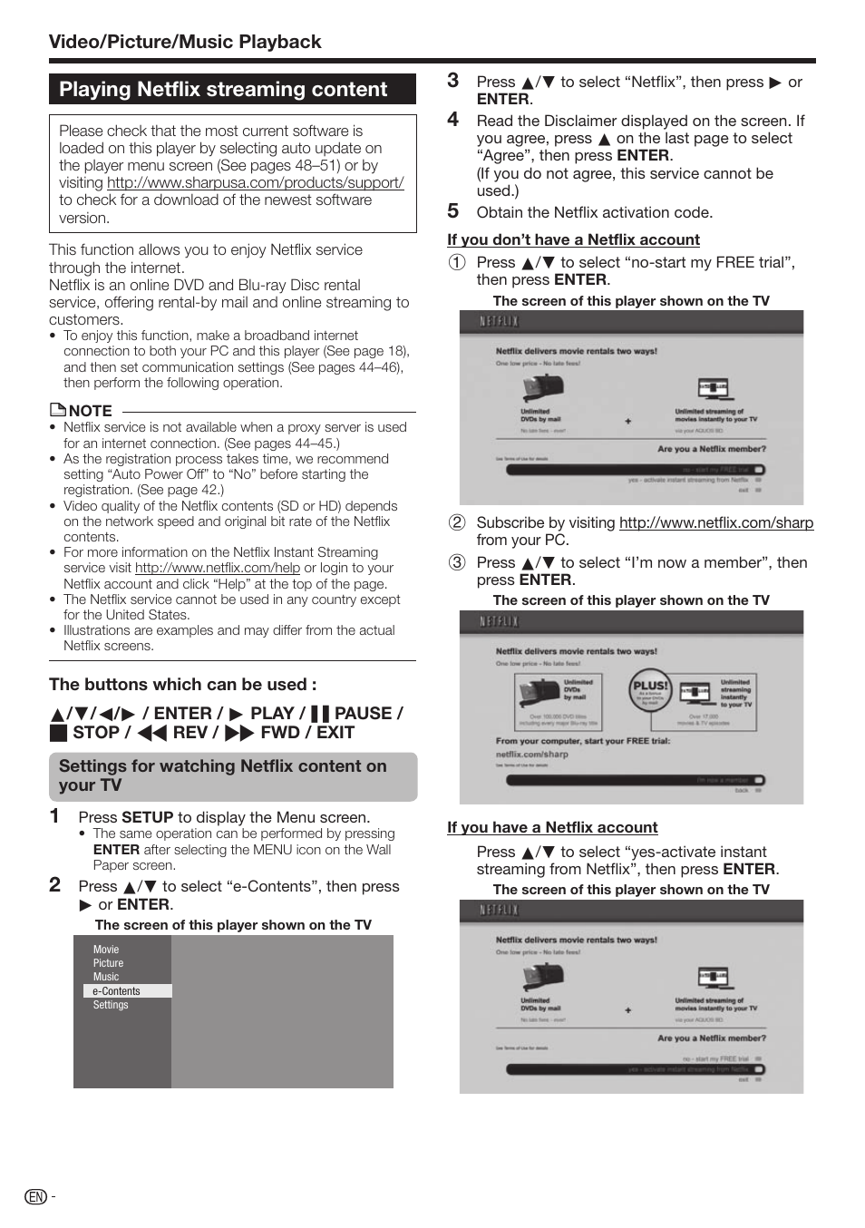 Playing netflix streaming content, Video/picture/music playback | Sharp 10P01-CH-NG User Manual | Page 34 / 65