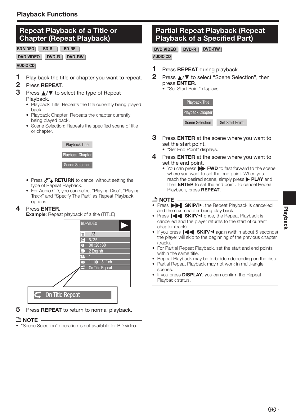 Playback functions, On title repeat | Sharp 10P01-CH-NG User Manual | Page 37 / 65