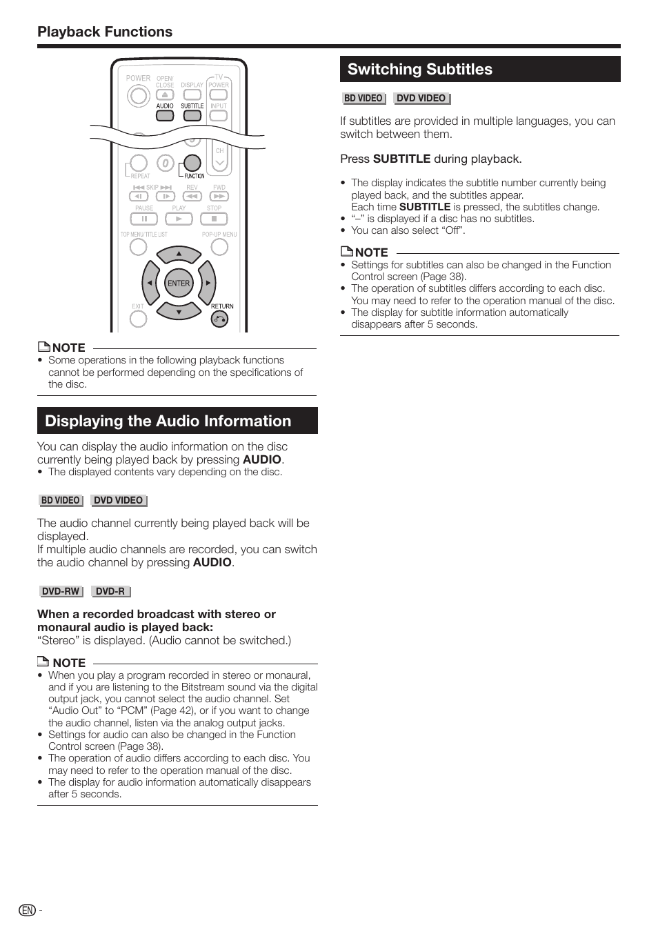 Displaying the audio information, Switching subtitles, Playback functions | Sharp 10P01-CH-NG User Manual | Page 38 / 65