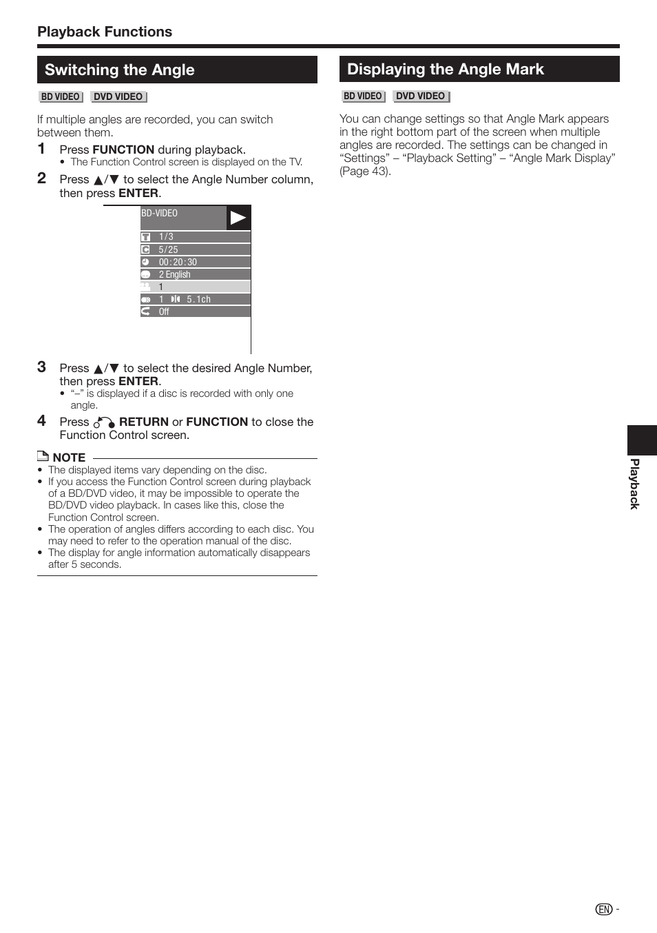 Switching the angle, 4displaying the angle mark, Playback functions | Sharp 10P01-CH-NG User Manual | Page 39 / 65