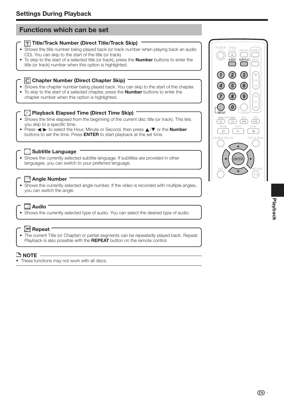 Functions which can be set, Settings during playback | Sharp 10P01-CH-NG User Manual | Page 41 / 65