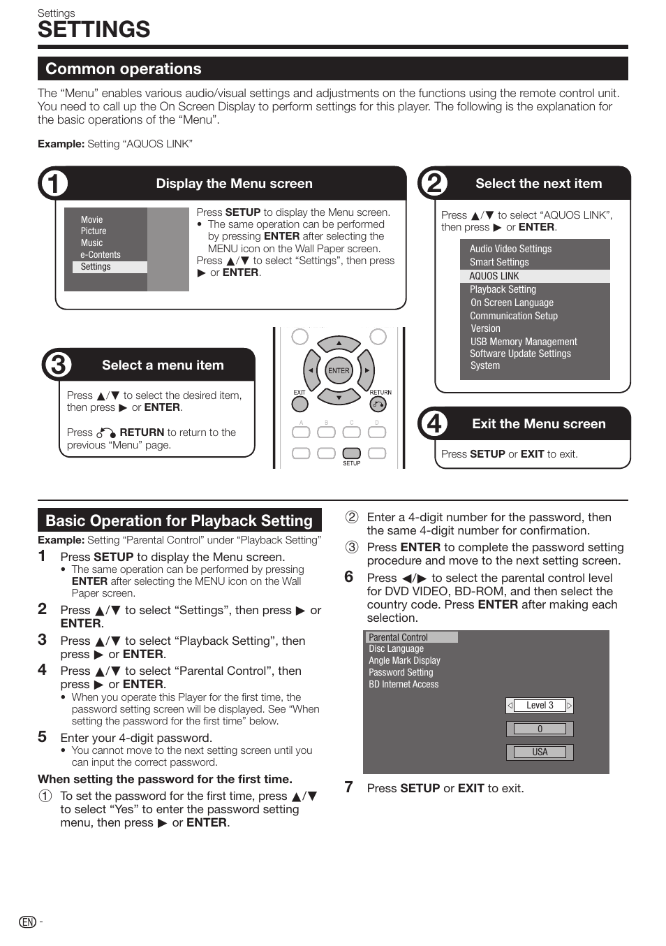 Settings, Common operations, Basic operation for playback setting | Sharp 10P01-CH-NG User Manual | Page 42 / 65