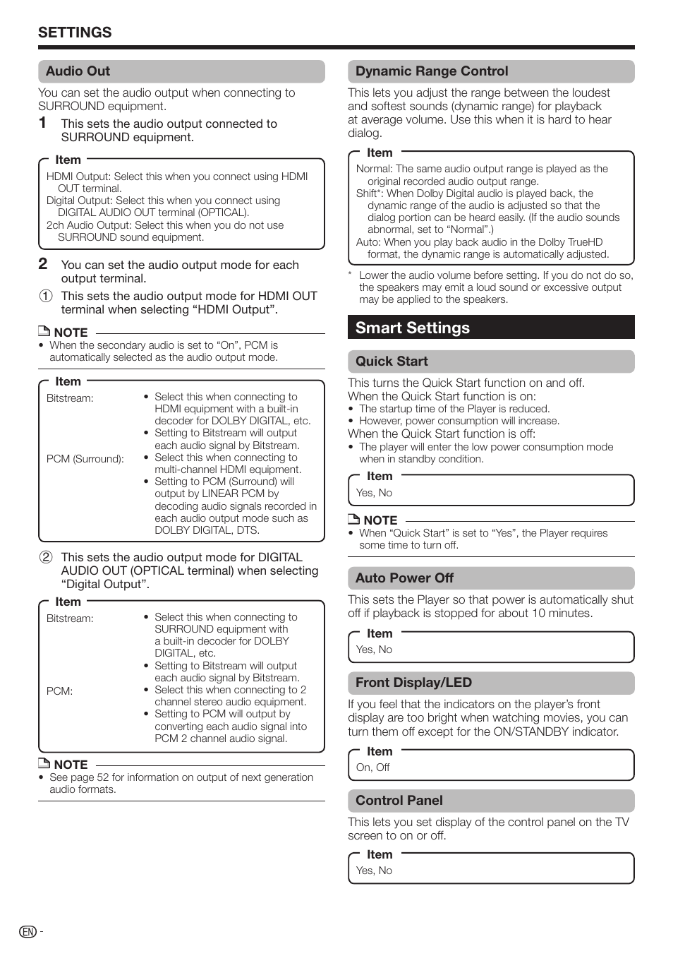 Smart settings, Settings | Sharp 10P01-CH-NG User Manual | Page 44 / 65