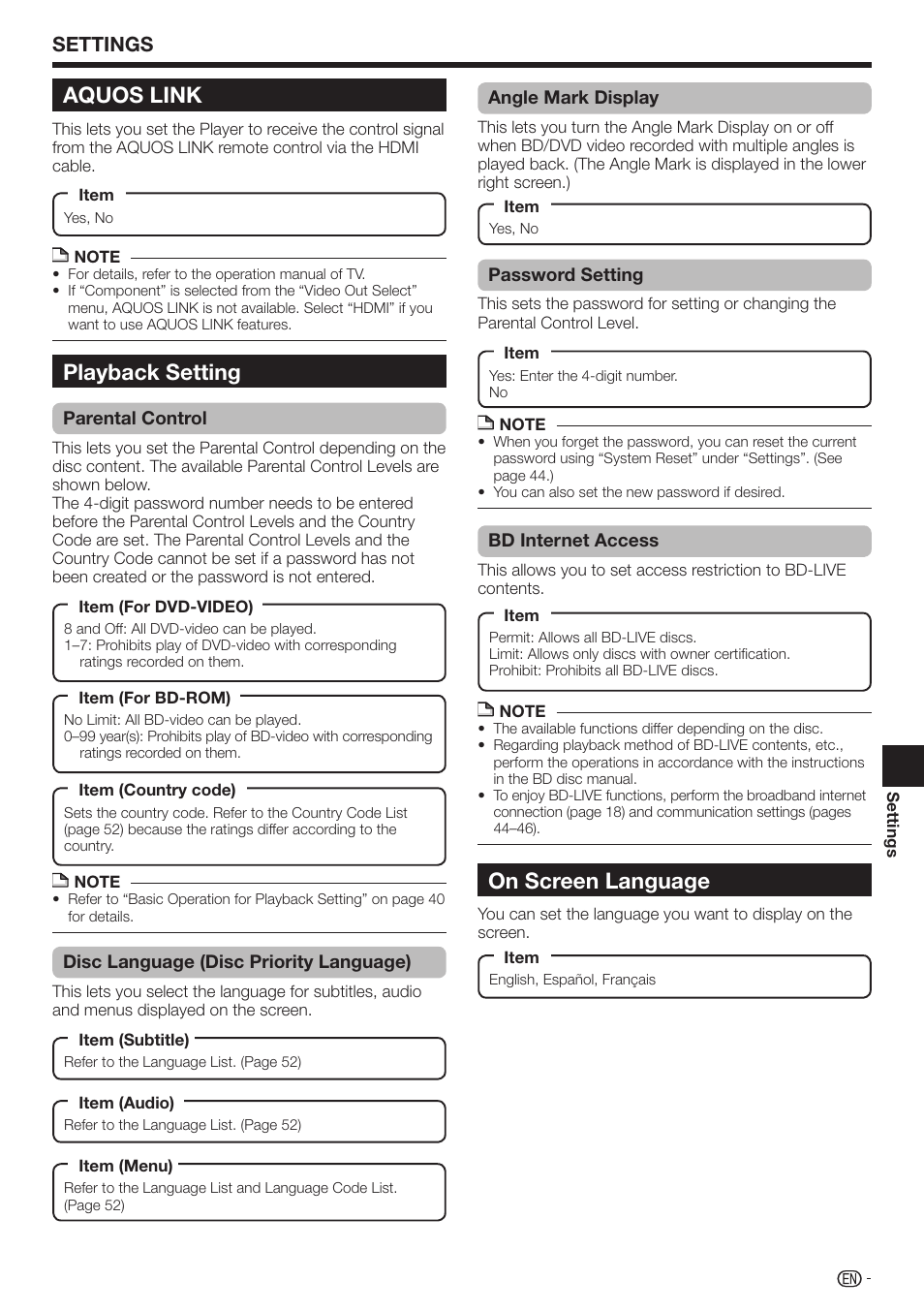 Aquos link, Playback setting, On screen language | Settings | Sharp 10P01-CH-NG User Manual | Page 45 / 65