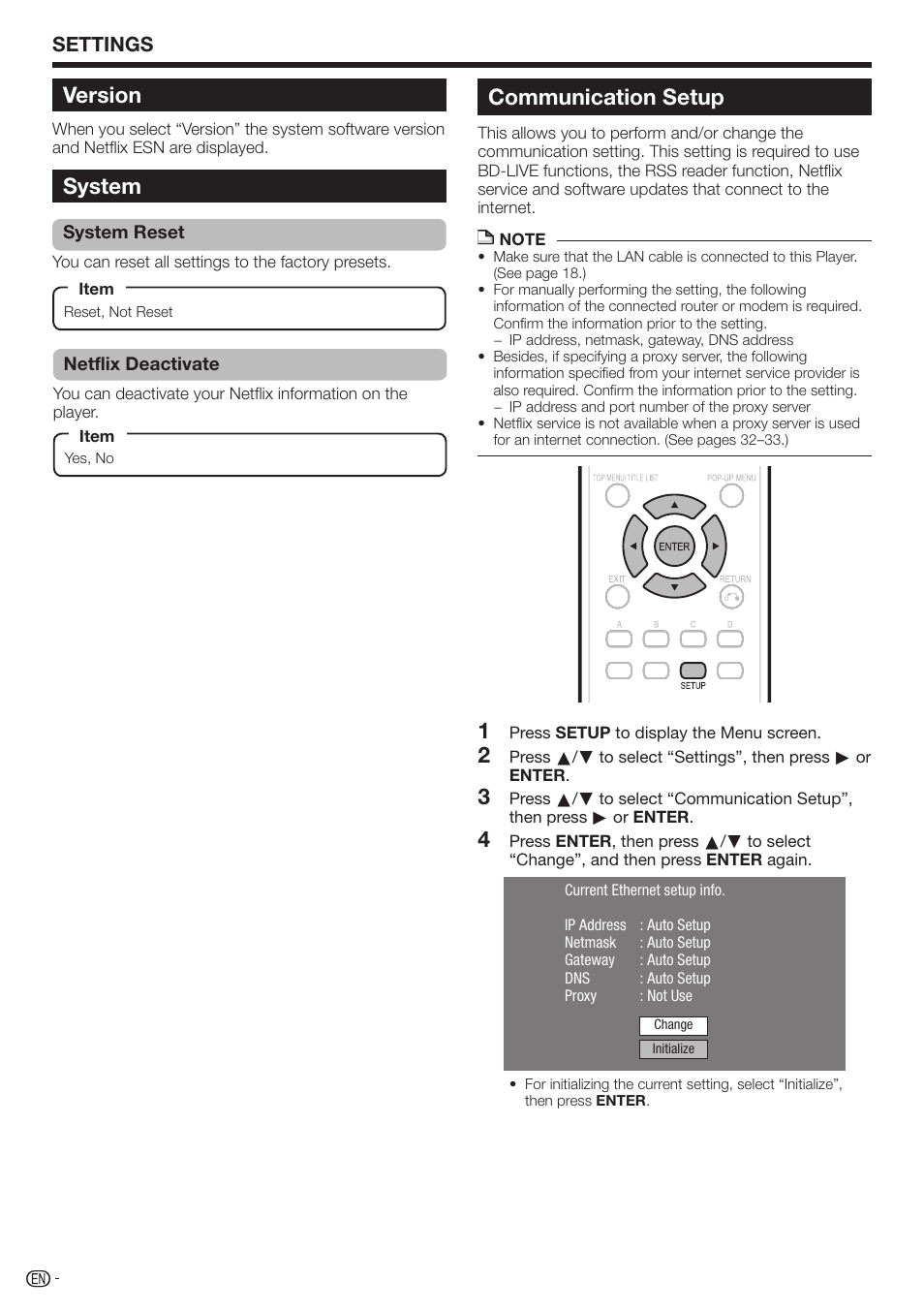 Communication setup, Version, System | Settings | Sharp 10P01-CH-NG User Manual | Page 46 / 65