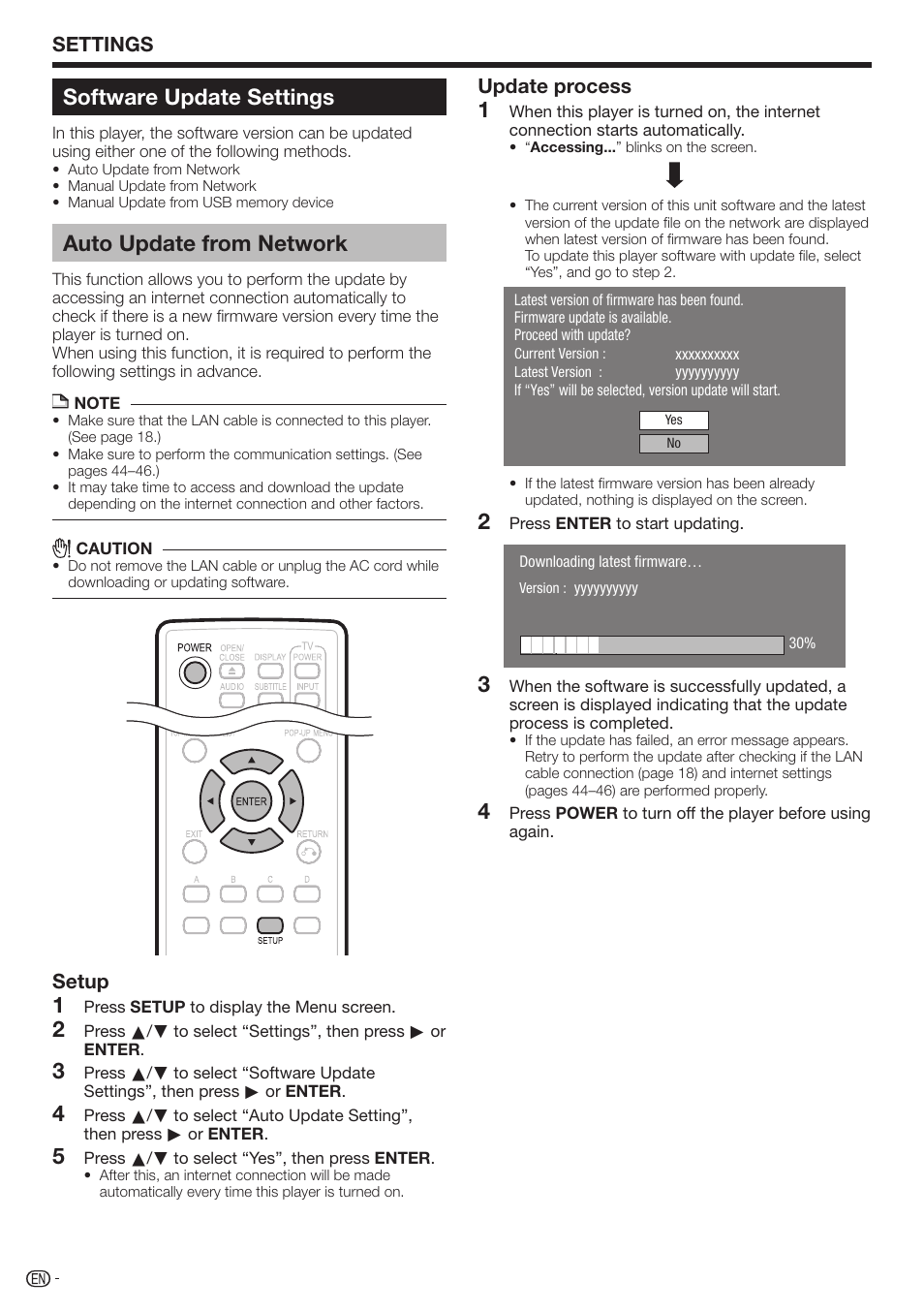 Software update settings, Auto update from network, Settings | Setup, Update process | Sharp 10P01-CH-NG User Manual | Page 50 / 65