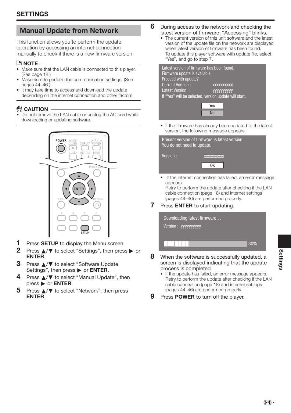 Manual update from network, Settings | Sharp 10P01-CH-NG User Manual | Page 51 / 65