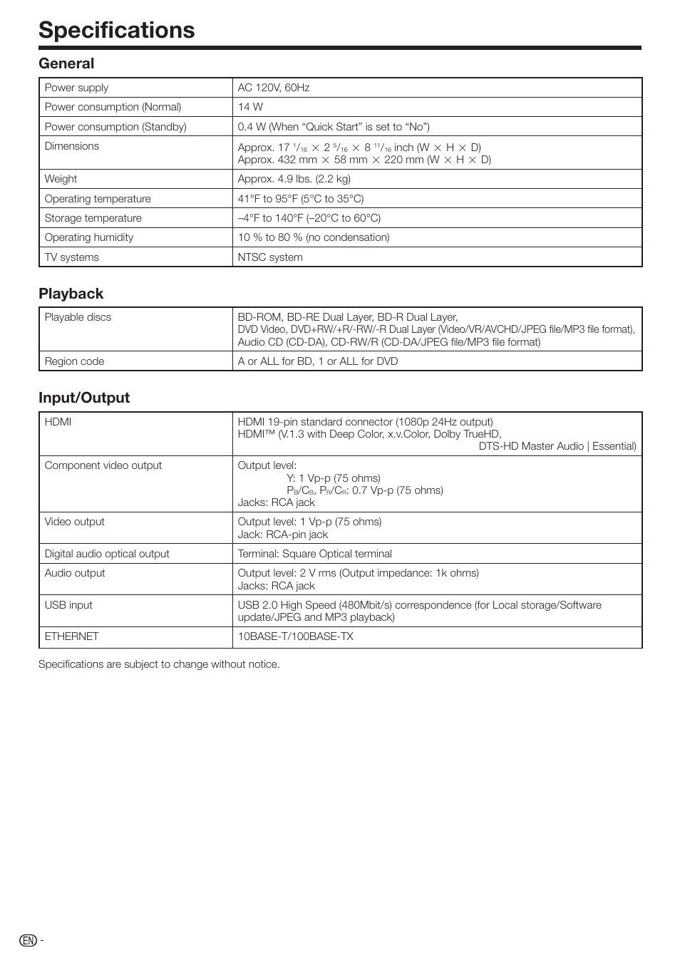 Specifications, General, Playback | Input/output | Sharp 10P01-CH-NG User Manual | Page 58 / 65