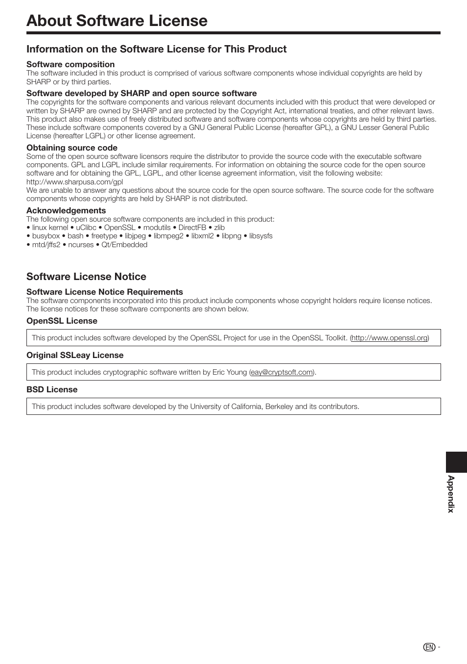 About software license, Software license notice | Sharp 10P01-CH-NG User Manual | Page 63 / 65