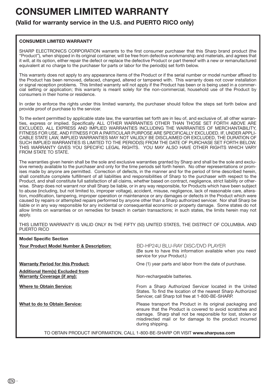 Consumer limited warranty | Sharp 10P01-CH-NG User Manual | Page 64 / 65