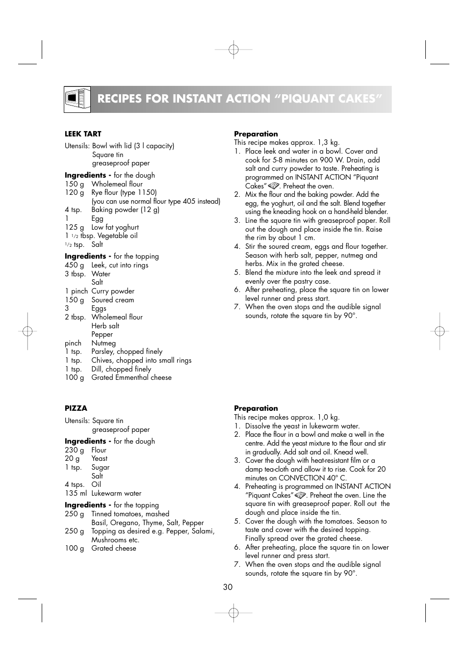 Recipes for instant action “piquant cakes | Sharp R-963S User Manual | Page 32 / 45