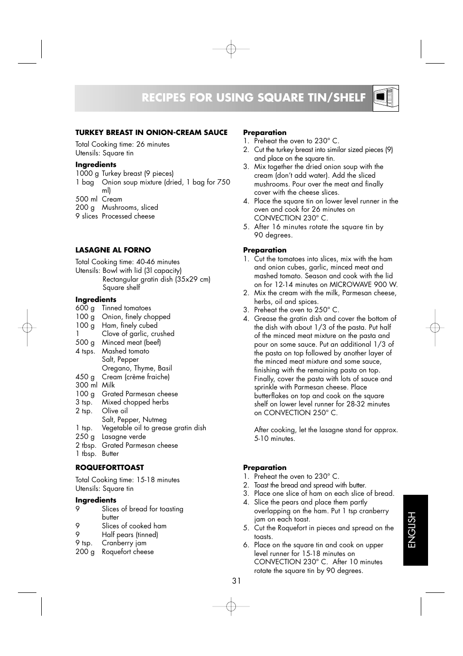 Recipes for using square tin/shelf, English | Sharp R-963S User Manual | Page 33 / 45