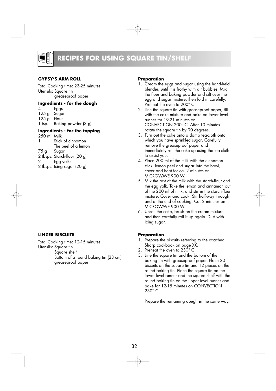 Recipes for using square tin/shelf | Sharp R-963S User Manual | Page 34 / 45