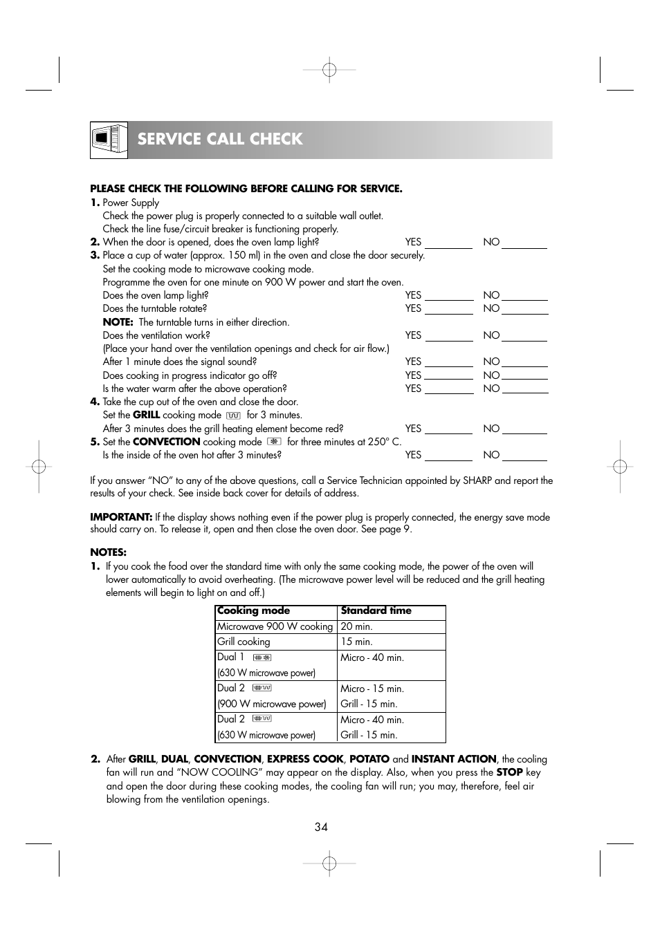 Service call check | Sharp R-963S User Manual | Page 36 / 45