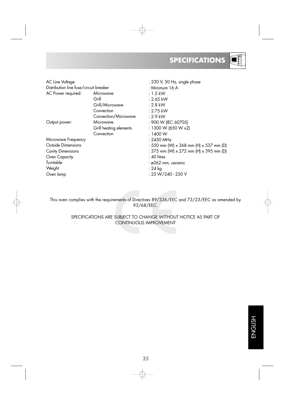 Specifications, English | Sharp R-963S User Manual | Page 37 / 45