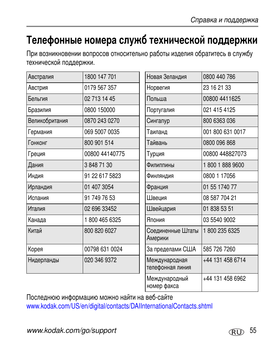 Телефонные номера служб технической поддержки | Kodak C360 User Manual | Page 61 / 86