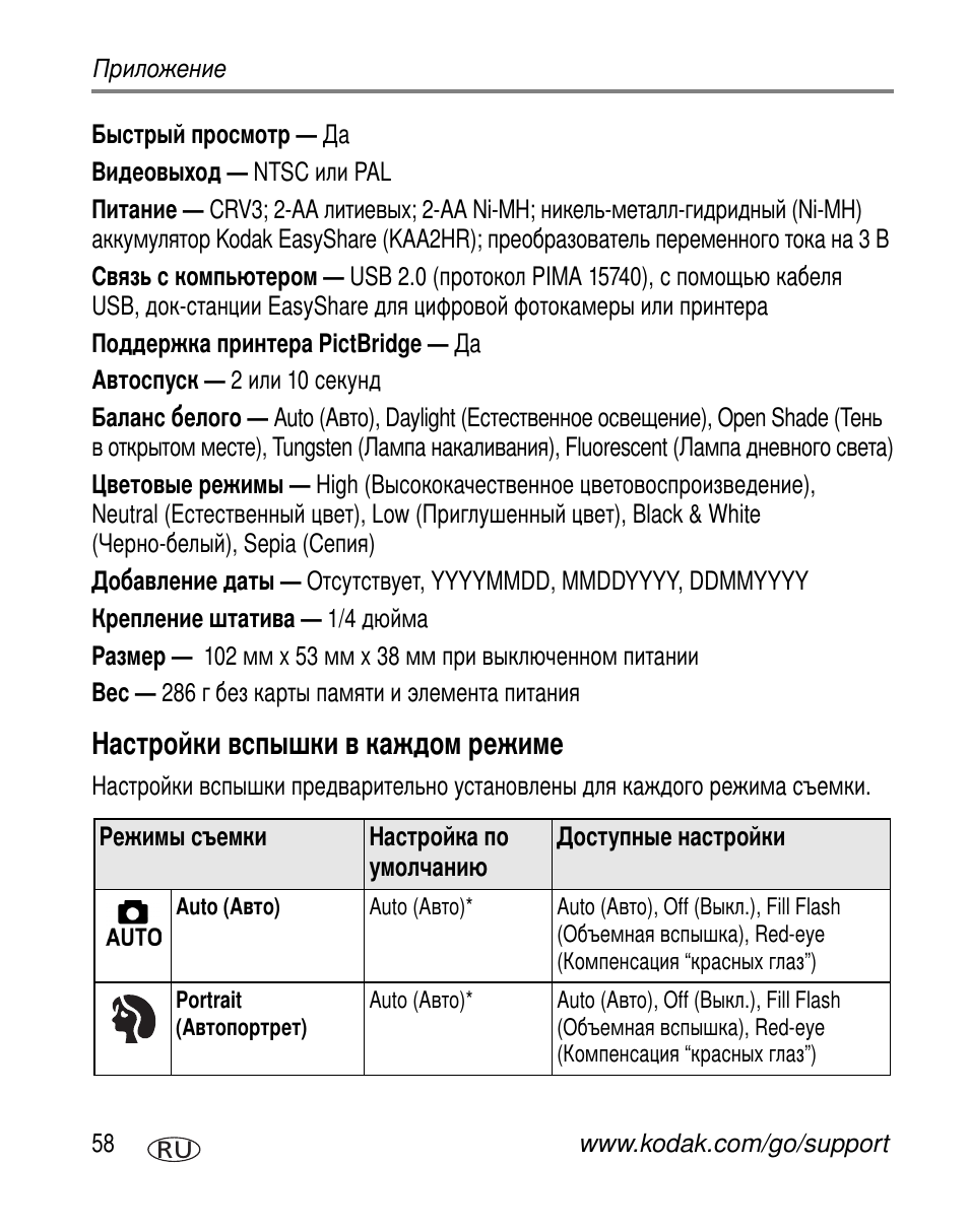 Настройки вспышки в каждом режиме | Kodak C360 User Manual | Page 64 / 86