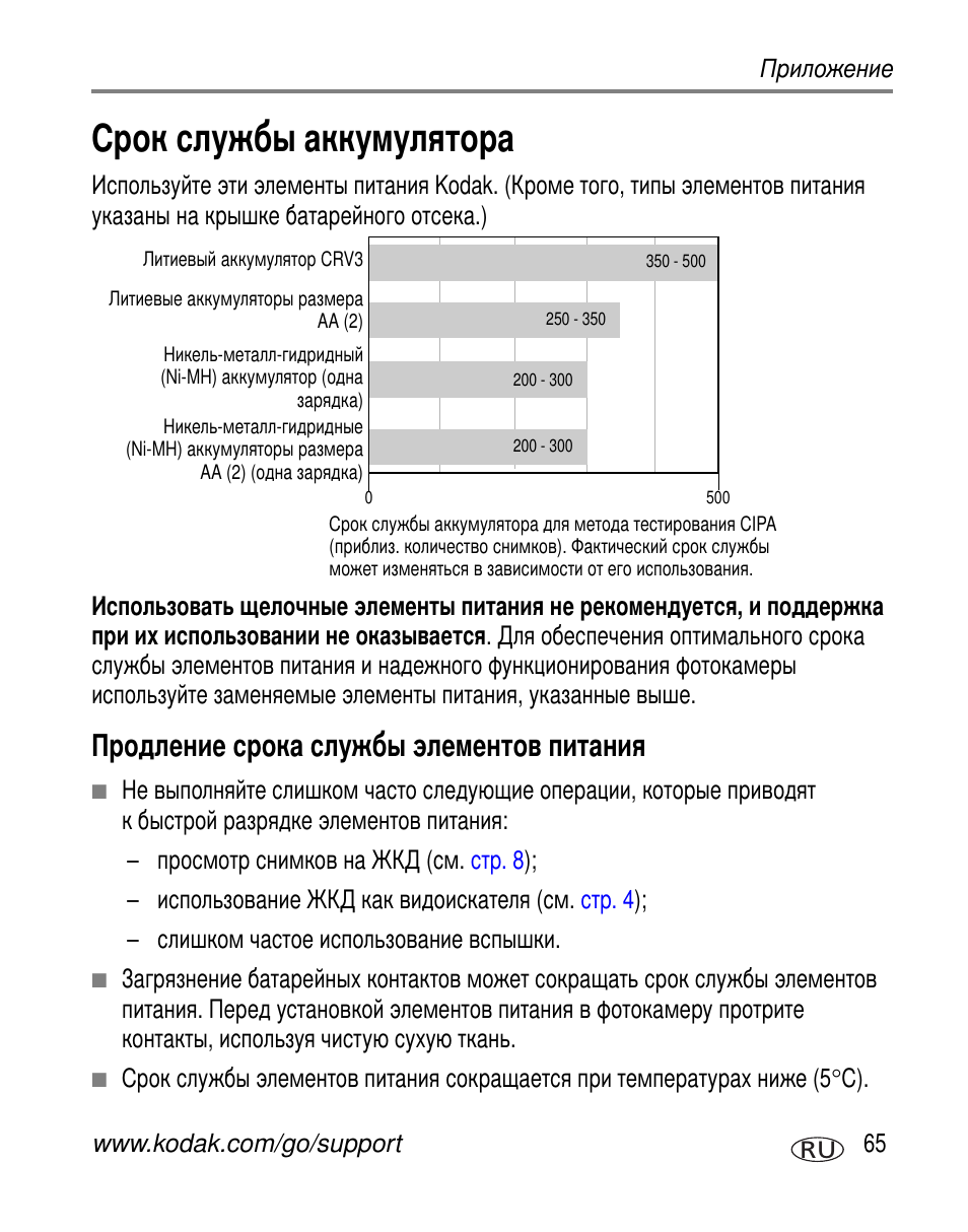 Срок службы аккумулятора, Продление срока службы элементов питания | Kodak C360 User Manual | Page 71 / 86