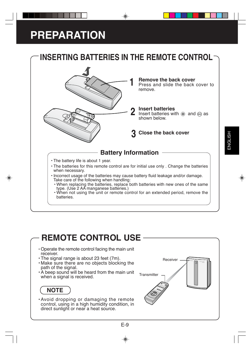 Operation, Preparation, Remote control use | Inserting batteries in the remote control | Sharp FP-P60CX User Manual | Page 11 / 21
