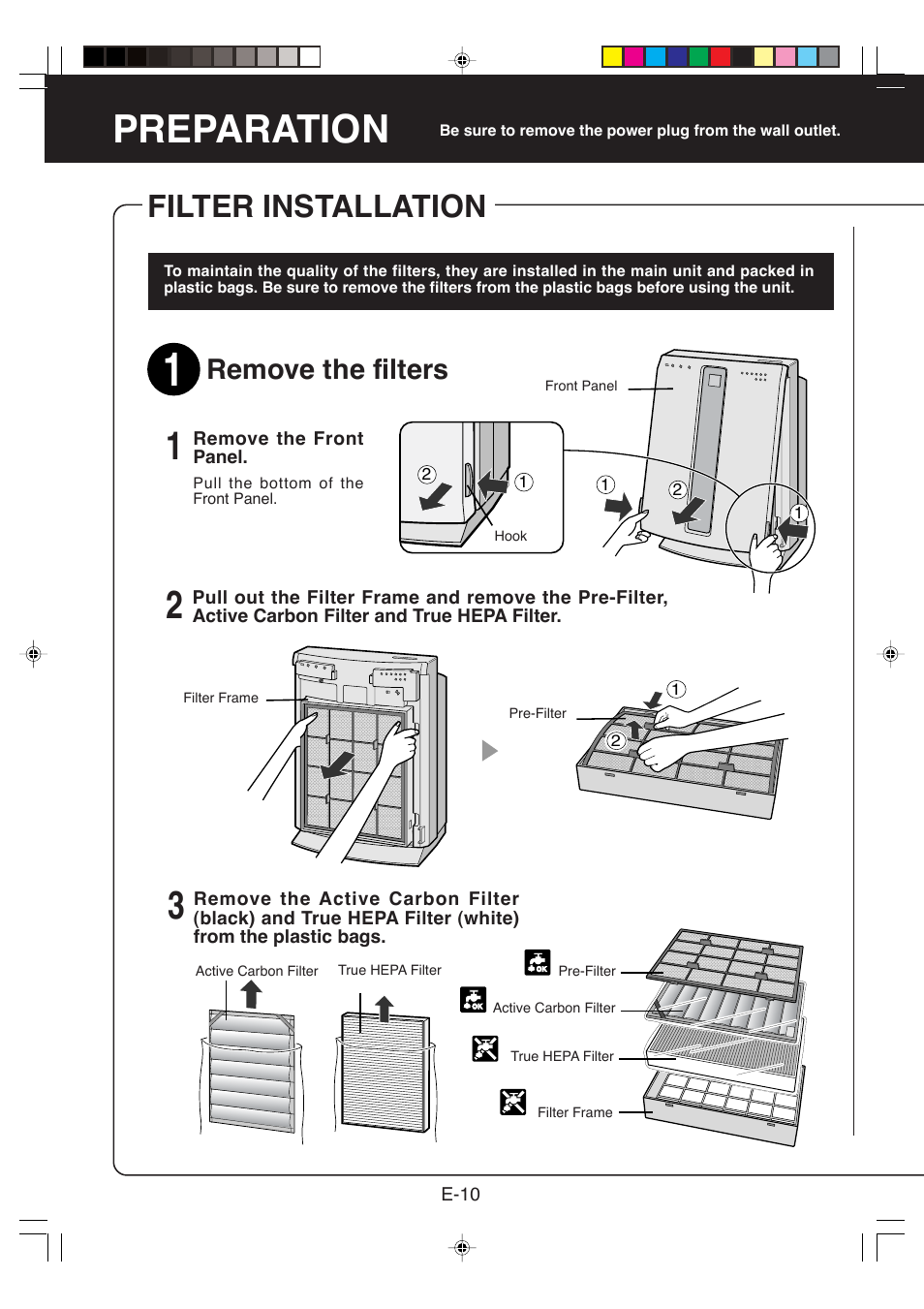 Preparation, Filter installation, Remove the filters | Sharp FP-P60CX User Manual | Page 12 / 21