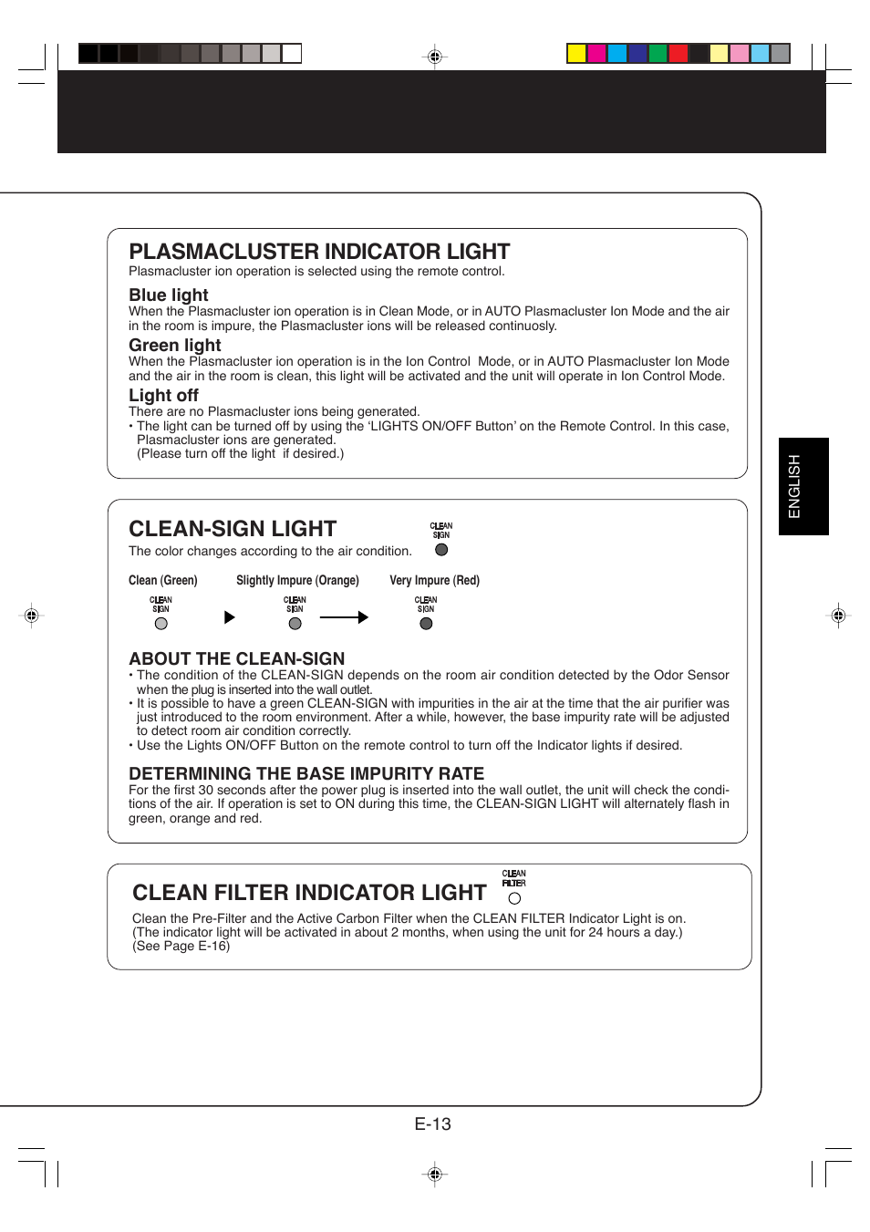 Plasmacluster indicator light, Clean-sign light clean filter indicator light | Sharp FP-P60CX User Manual | Page 15 / 21