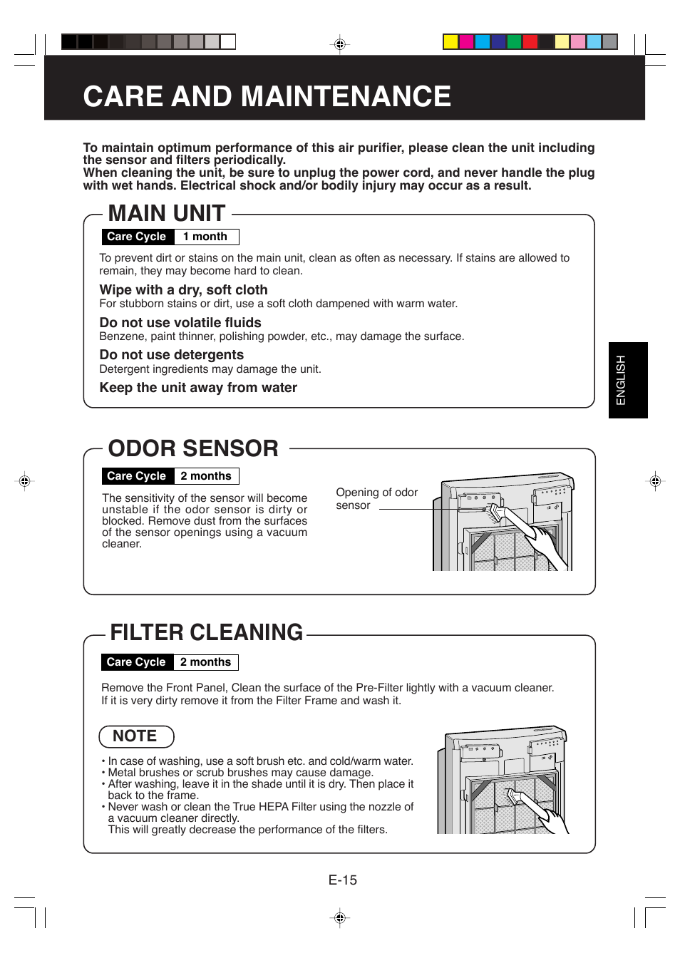 Care and maintenance, Main unit odor sensor, Filter cleaning | Sharp FP-P60CX User Manual | Page 17 / 21