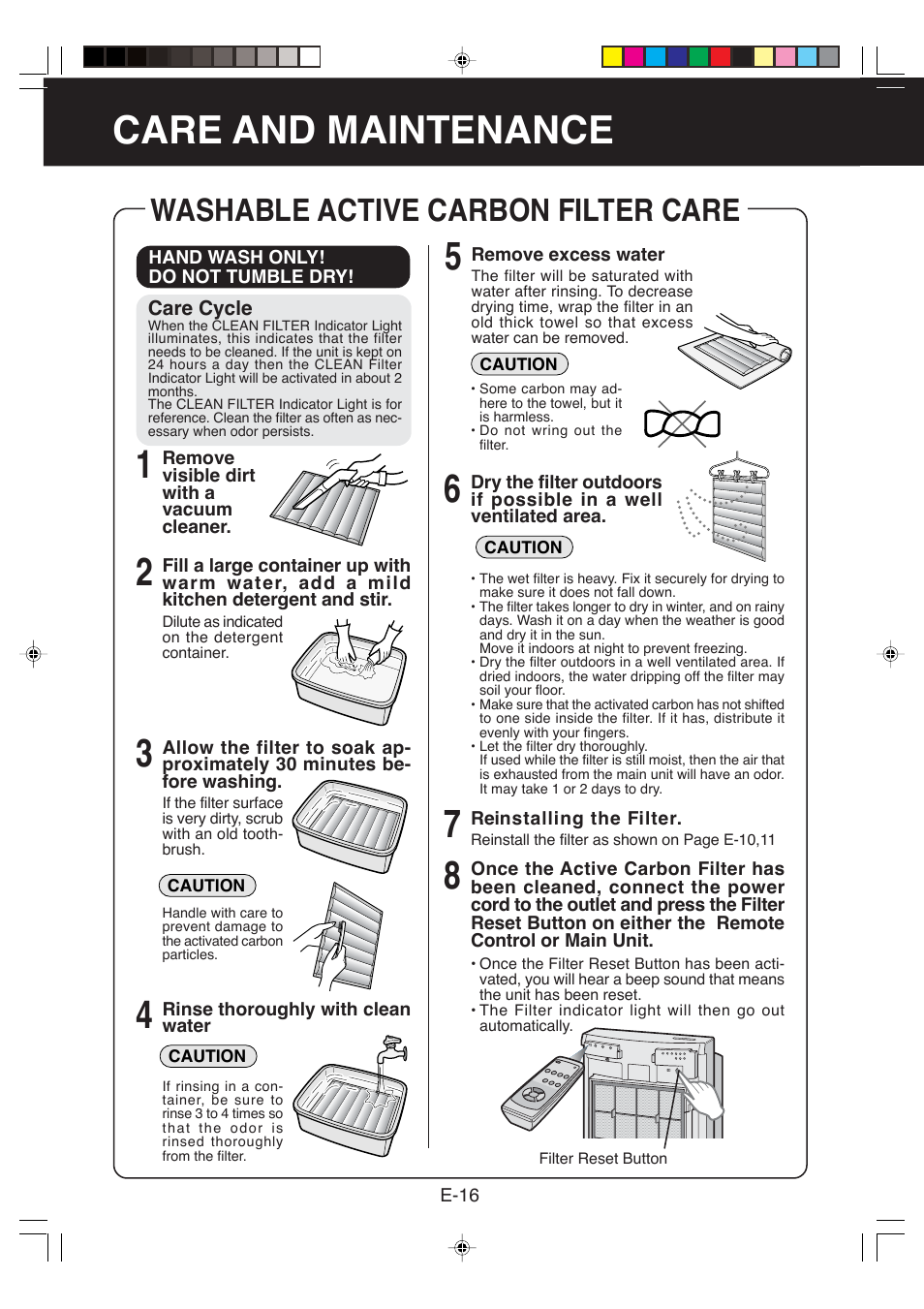 Care and maintenance, Washable active carbon filter care | Sharp FP-P60CX User Manual | Page 18 / 21
