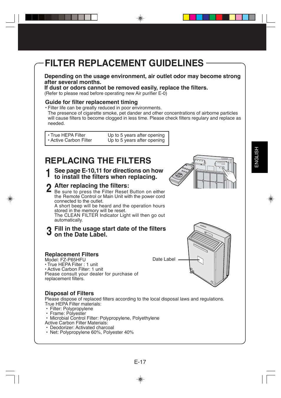 Filter replacement guidelines, Replacing the filters | Sharp FP-P60CX User Manual | Page 19 / 21