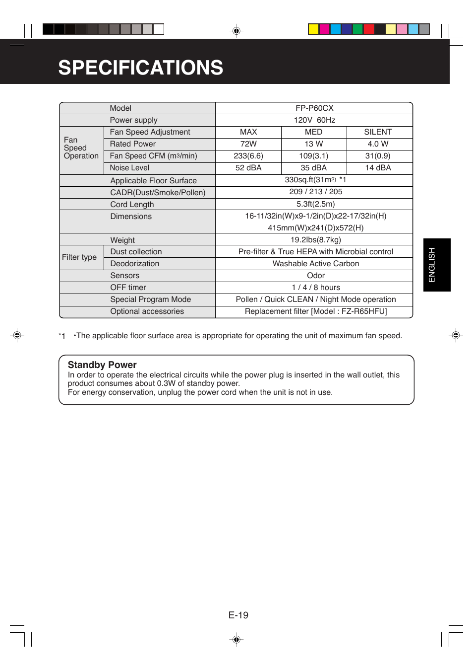 Specifications | Sharp FP-P60CX User Manual | Page 21 / 21