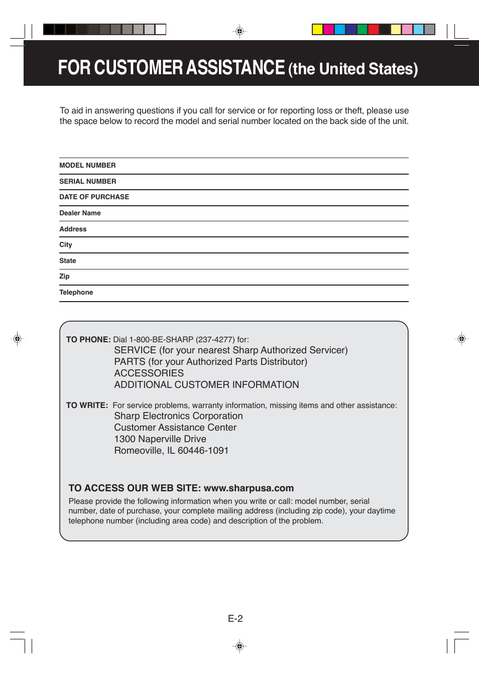 For customer assistance, The united states) | Sharp FP-P60CX User Manual | Page 4 / 21