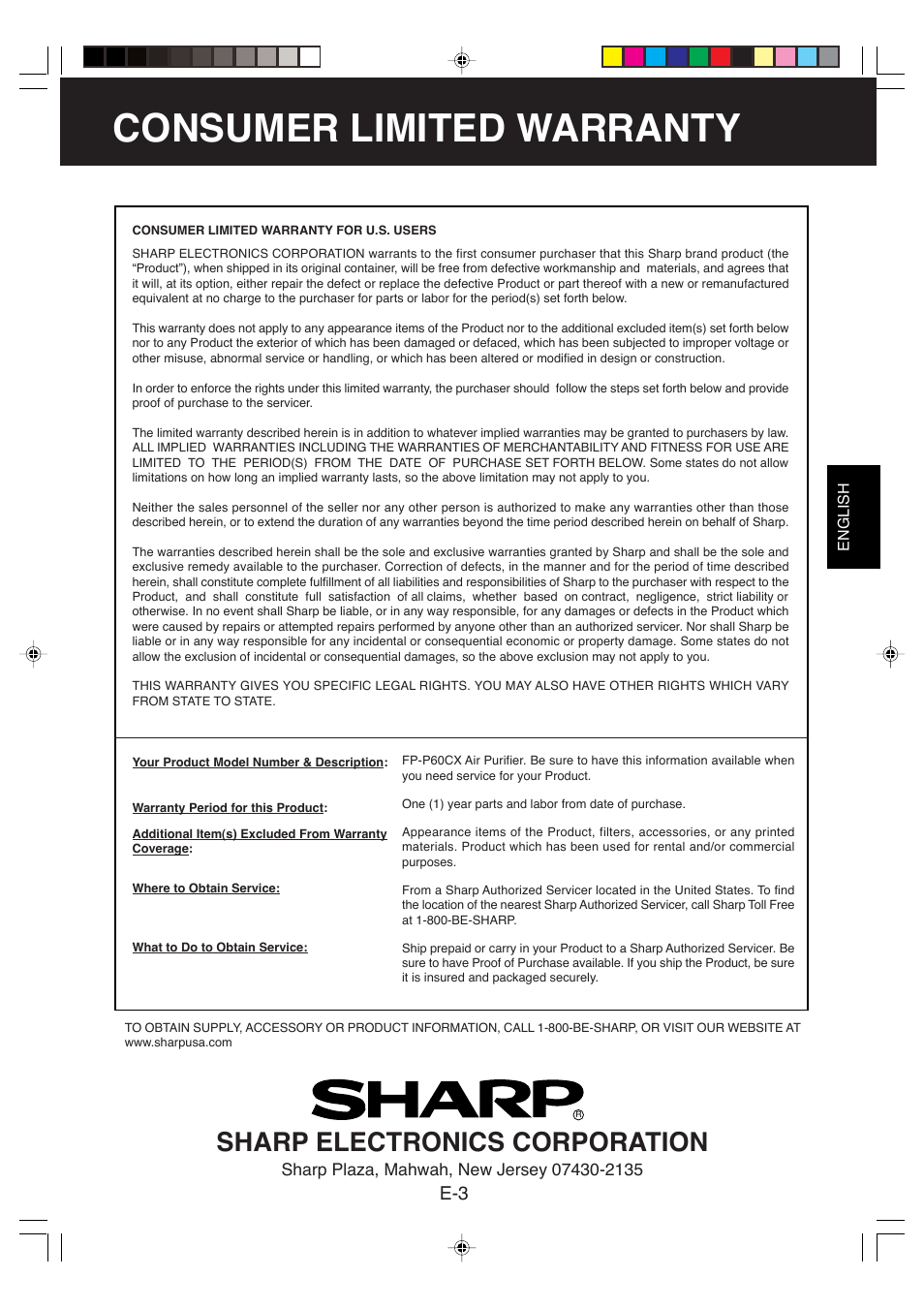 Consumer limited warranty, Sharp electronics corporation | Sharp FP-P60CX User Manual | Page 5 / 21