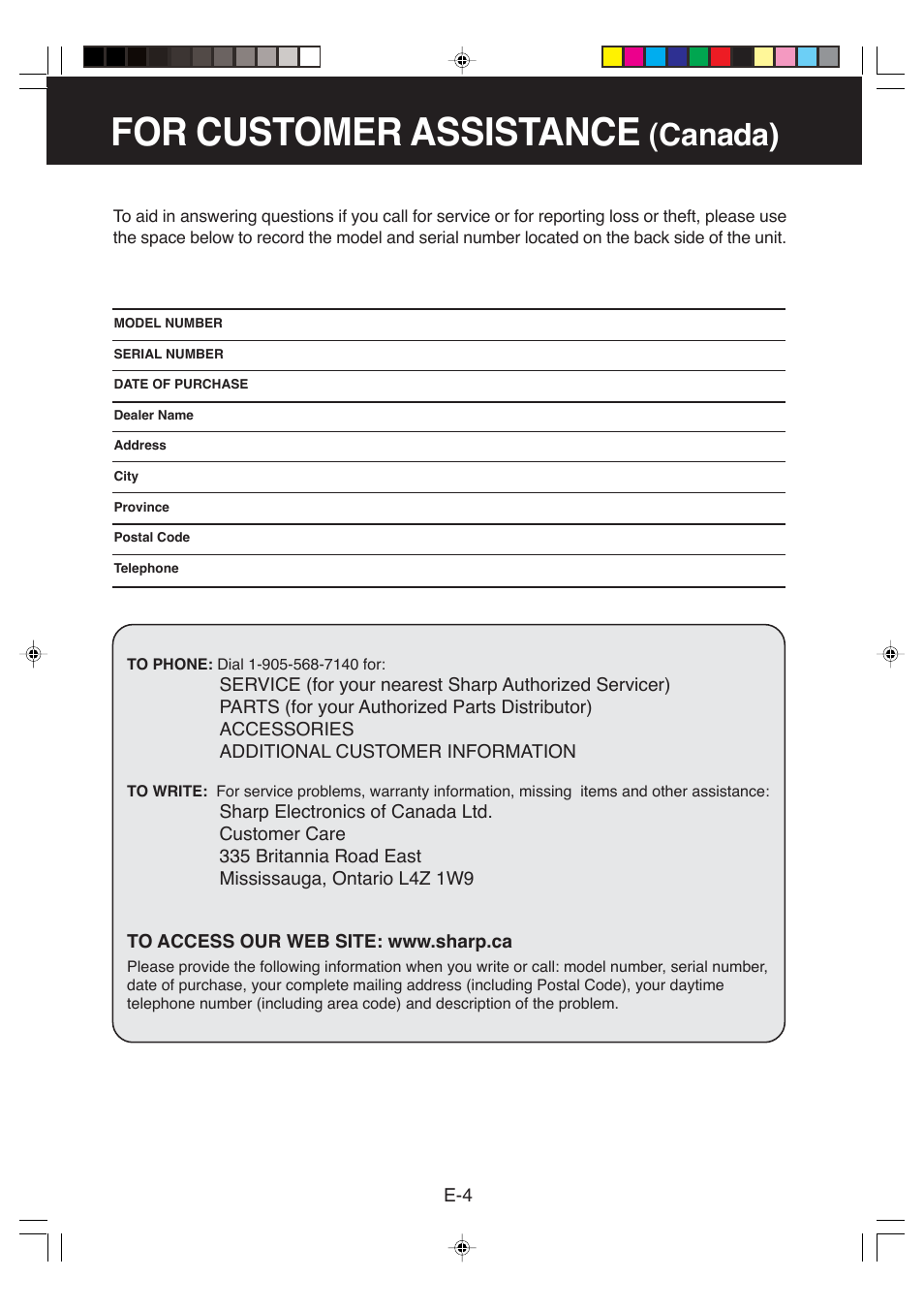 For customer assistance, Canada) | Sharp FP-P60CX User Manual | Page 6 / 21
