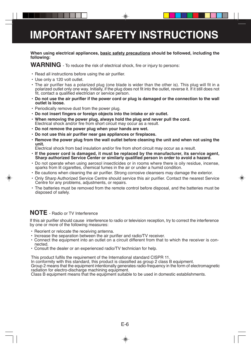 Important safety instructions, Warning | Sharp FP-P60CX User Manual | Page 8 / 21