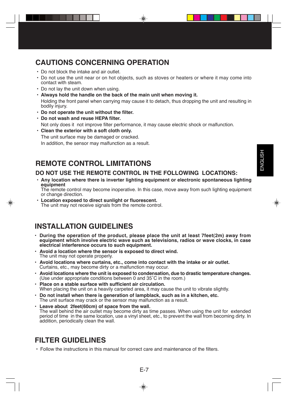 Cautions concerning operation, Installation guidelines, Filter guidelines | Remote control limitations | Sharp FP-P60CX User Manual | Page 9 / 21