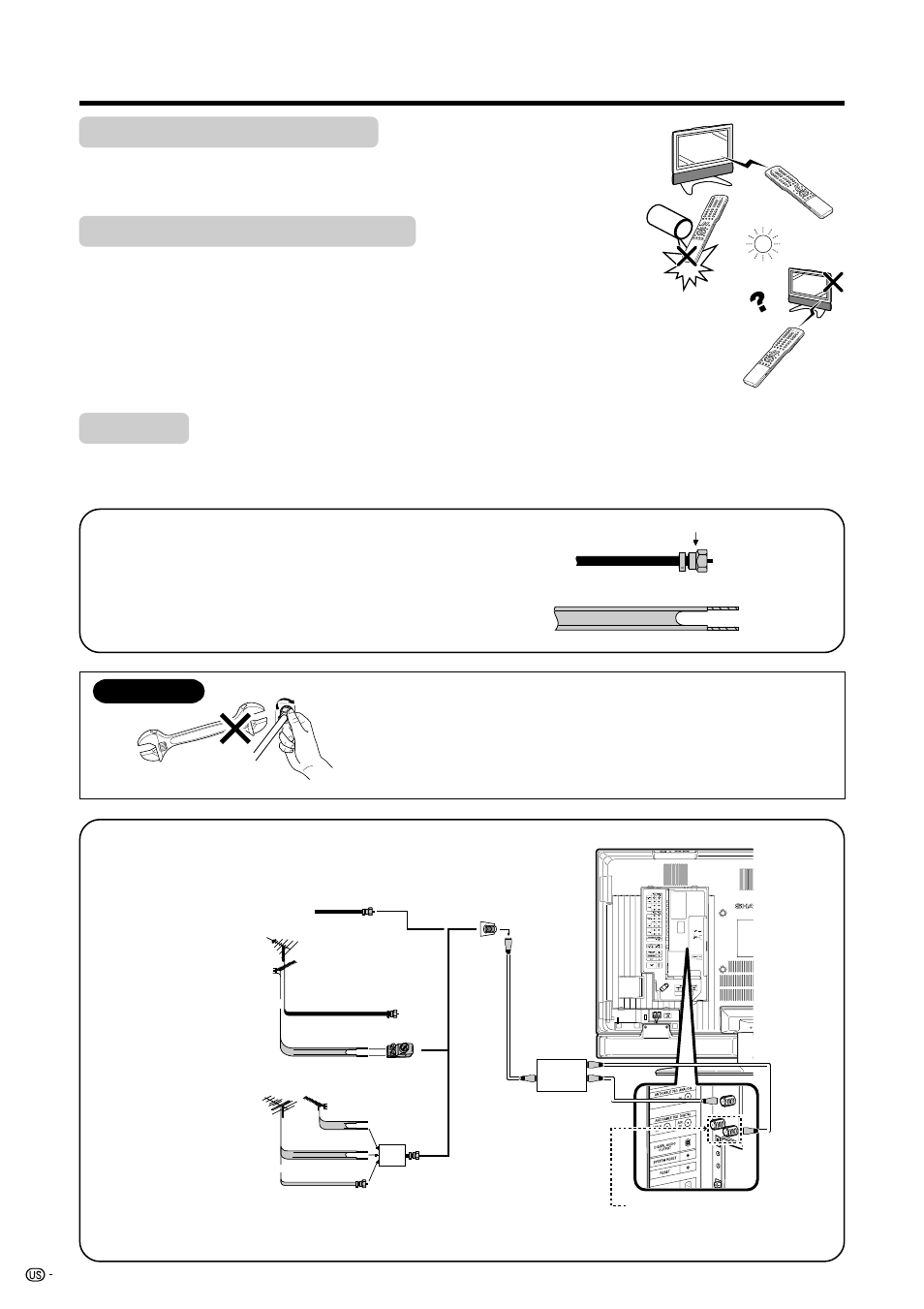 Preparation, Notice, Using the remote control unit | Antennas, Cautions regarding remote control unit | Sharp Aquos LC 45GD7U User Manual | Page 16 / 89