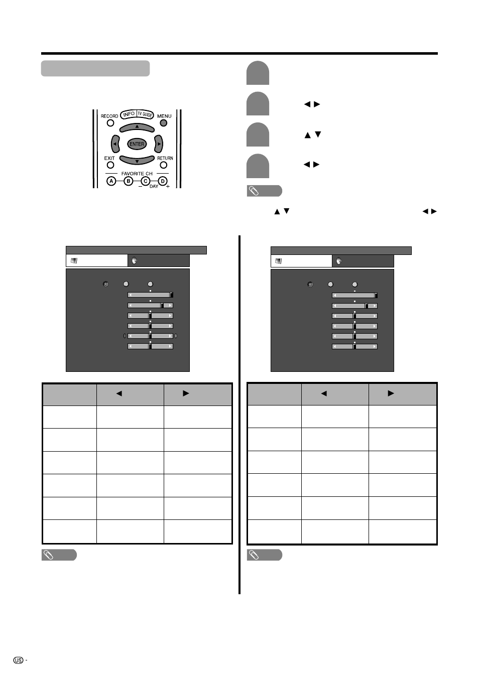 Picture adjustments, Basic adjustment settings, Adjustments for pc source | Adjustments for av source | Sharp Aquos LC 45GD7U User Manual | Page 40 / 89