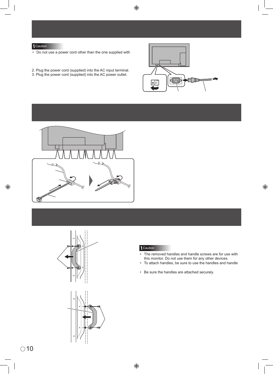 Connecting the power cord, Binding cables, Removing the handles | Sharp TINSE1145MPZZ(1) User Manual | Page 12 / 40