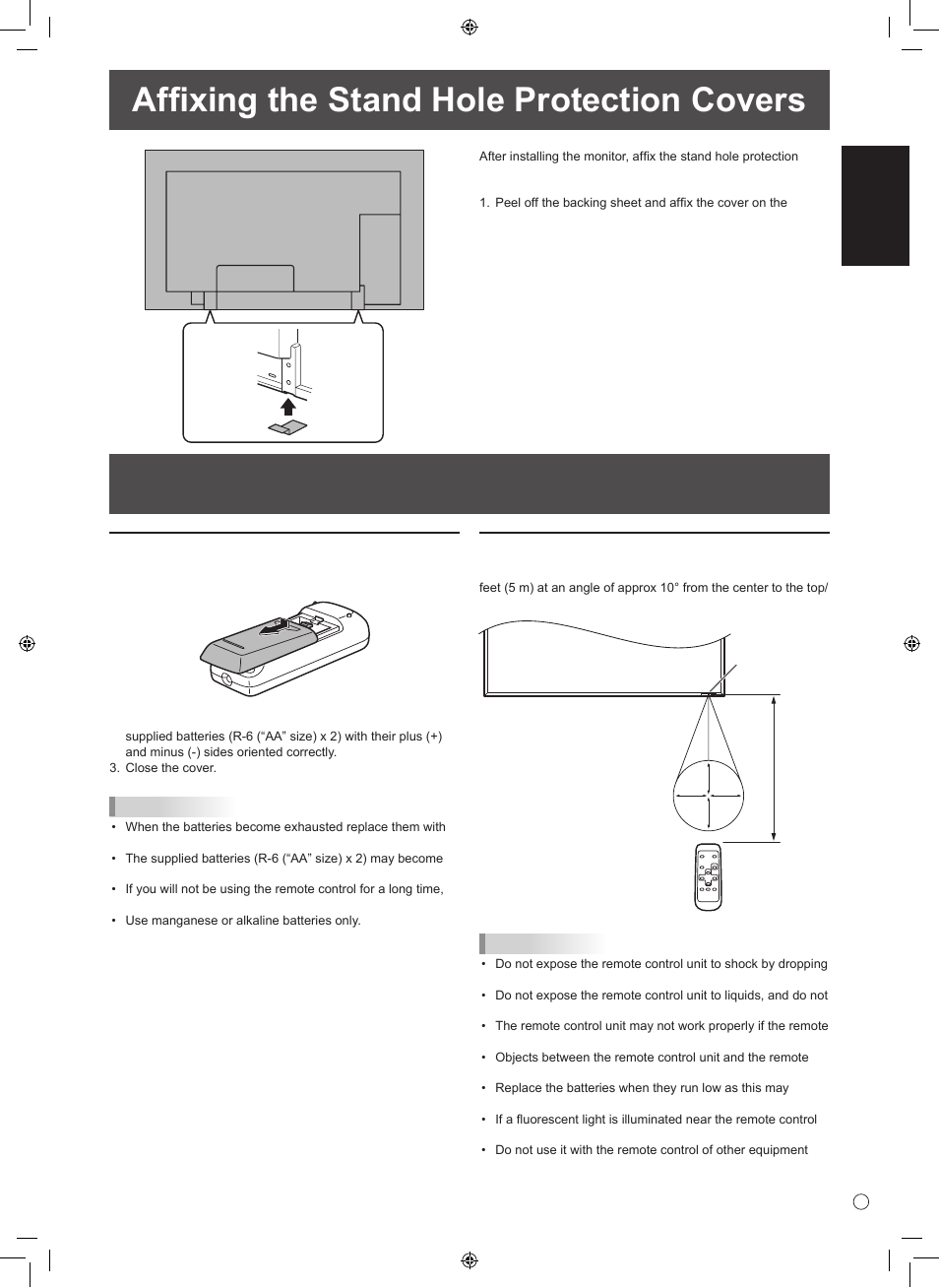 Preparing the remote control unit, Affixing the stand hole protection covers, English | Installing the batteries, Remote control operation range | Sharp TINSE1145MPZZ(1) User Manual | Page 13 / 40