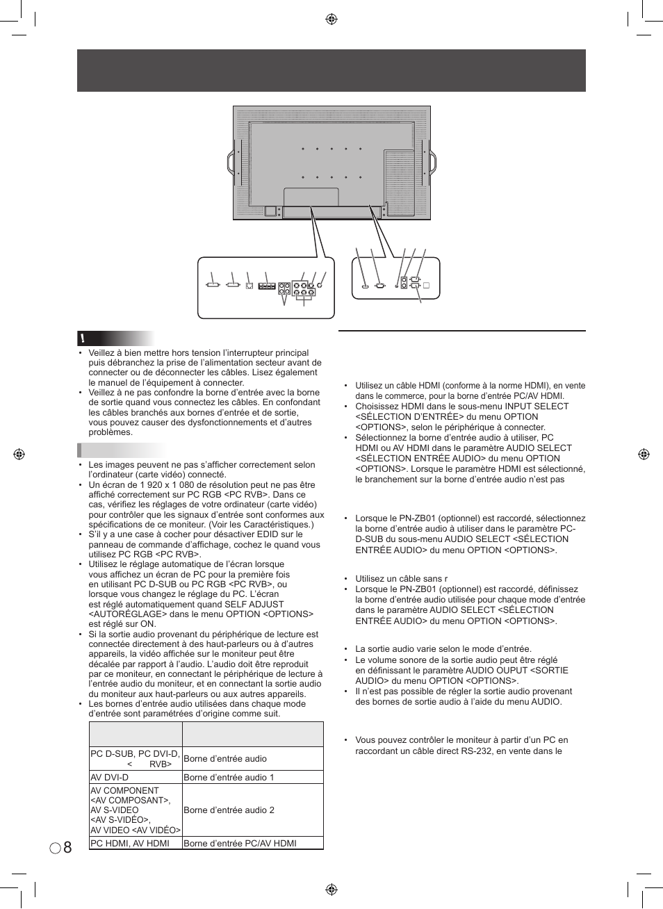 Connexion de périphériques, Connexion à un pc ou à un périphérique audiovisuel | Sharp TINSE1145MPZZ(1) User Manual | Page 22 / 40