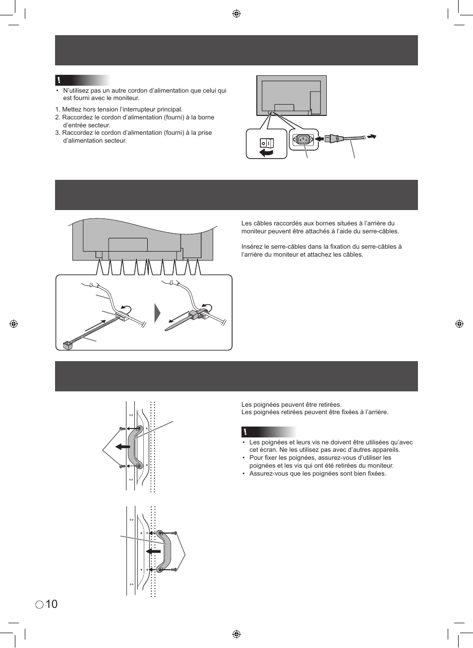 Raccordement du cordon d’alimentation, Fixation des câbles, Suppression des poignées | Sharp TINSE1145MPZZ(1) User Manual | Page 24 / 40