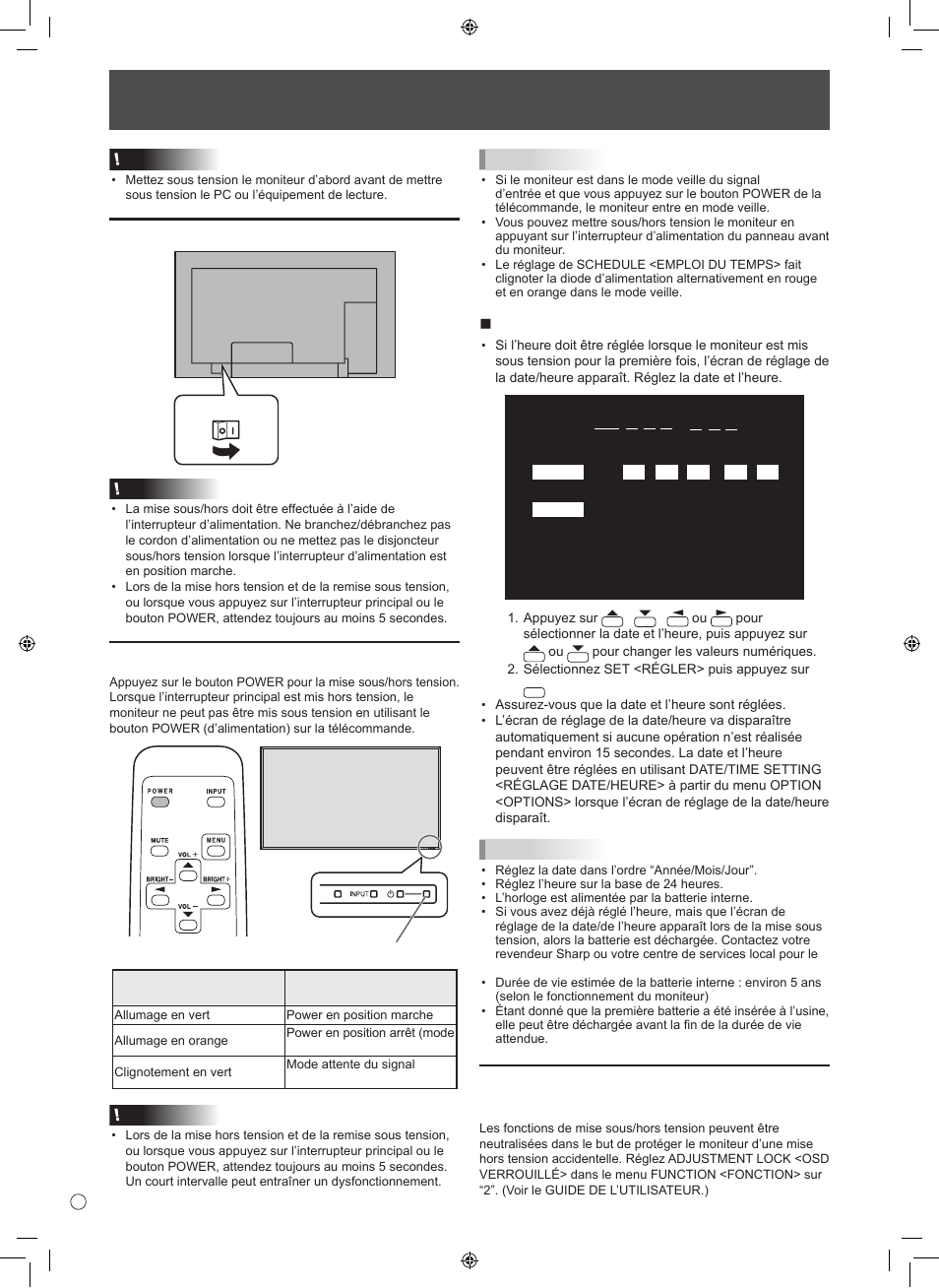 Mise sous tension et hors tension, Mise sous tension de l’interrupteur principal, Mise sous/hors tension | Nréglage de la date/heure | Sharp TINSE1145MPZZ(1) User Manual | Page 26 / 40