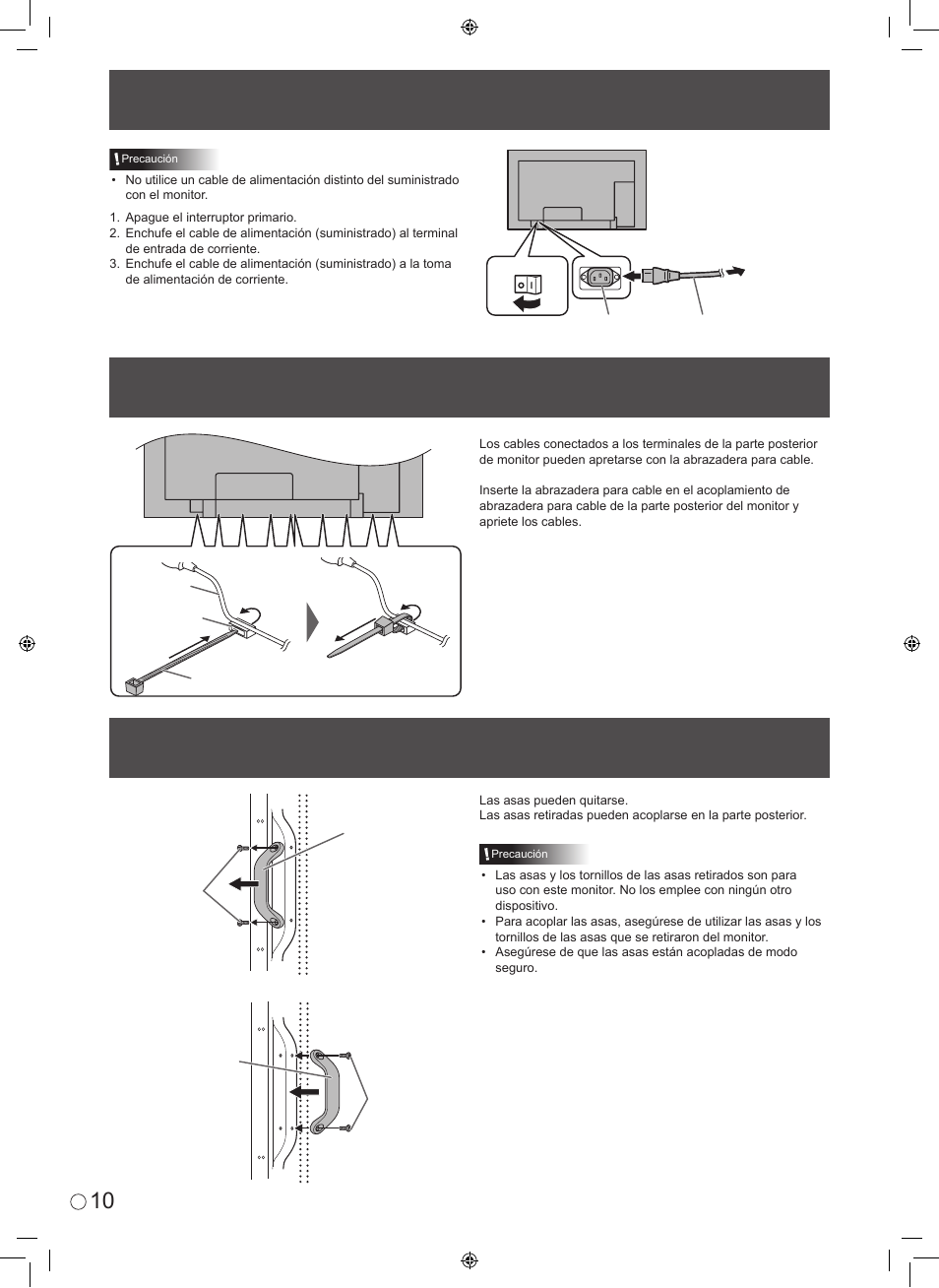 Conexión del cable de alimentación, Fijación de los cables, Retirada de las asas | Sharp TINSE1145MPZZ(1) User Manual | Page 36 / 40