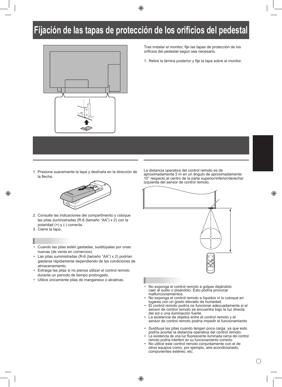 Esp añol instalación de las pilas, Distancia operativa del control remoto | Sharp TINSE1145MPZZ(1) User Manual | Page 37 / 40