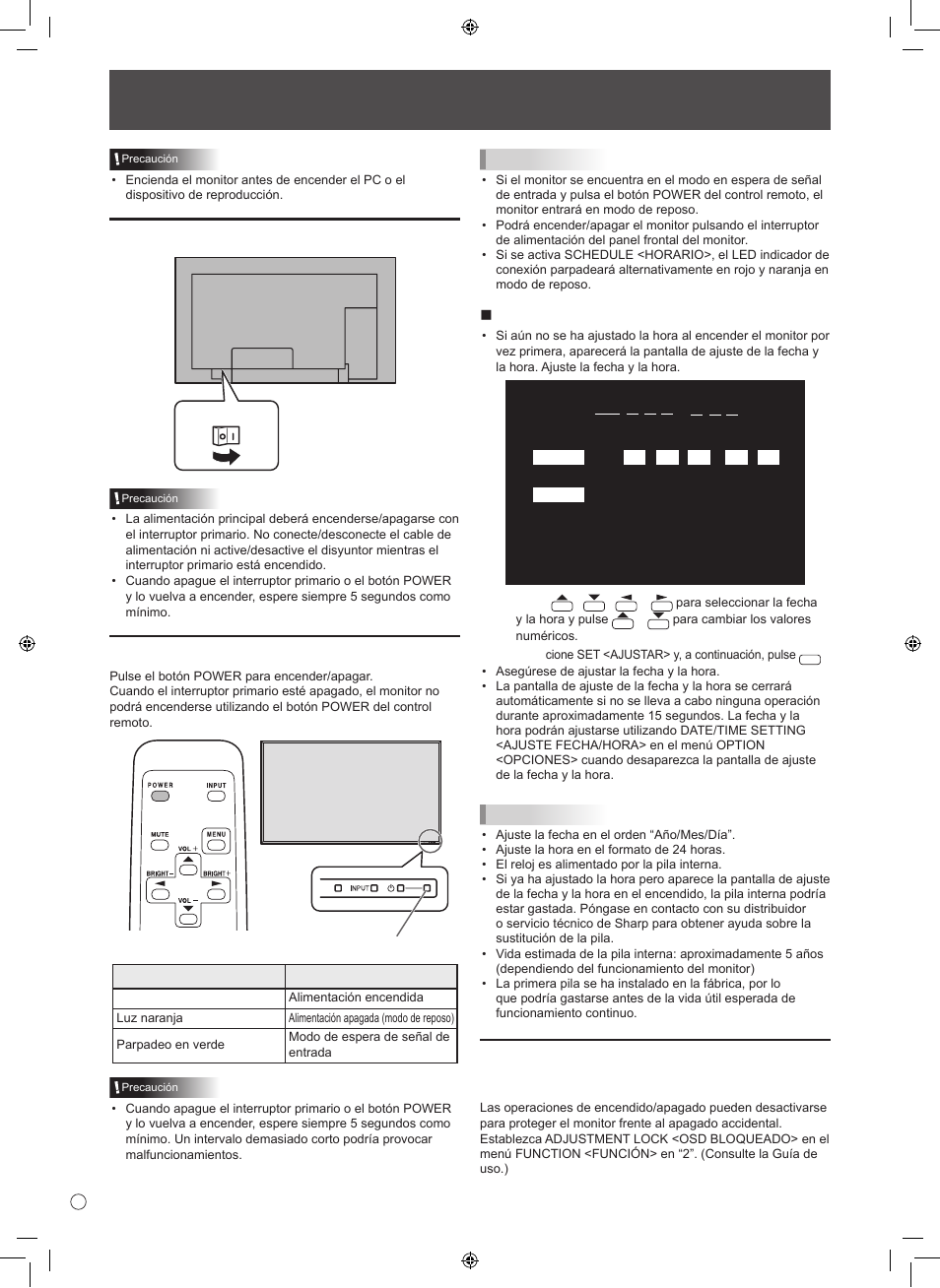 Encendido/apagado, Encendido de la alimentación principal, Najuste de fecha y hora | Sharp TINSE1145MPZZ(1) User Manual | Page 38 / 40