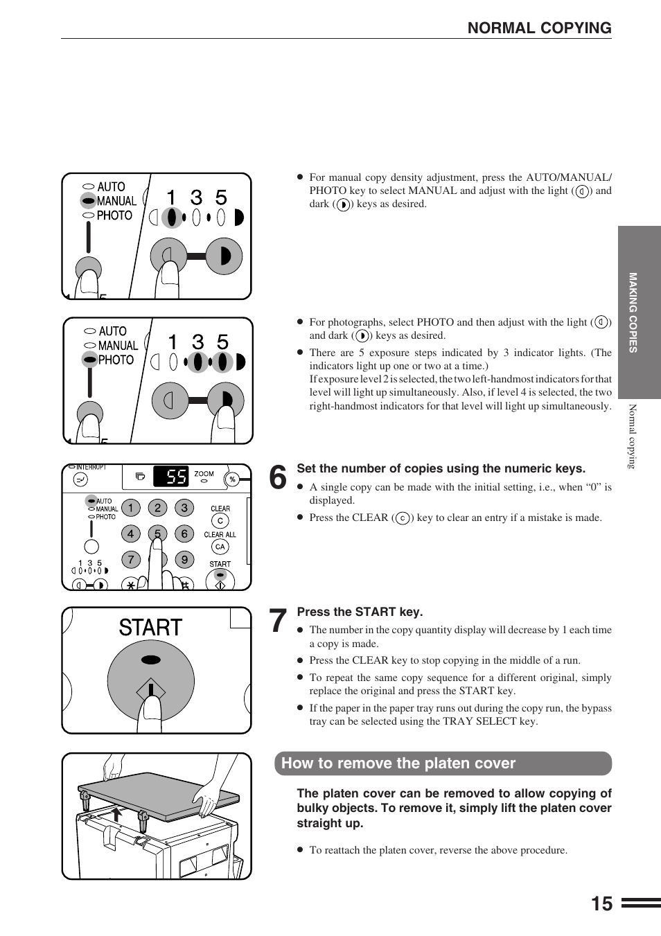 Normal copying, How to remove the platen cover | Sharp AR-162S User Manual | Page 17 / 68