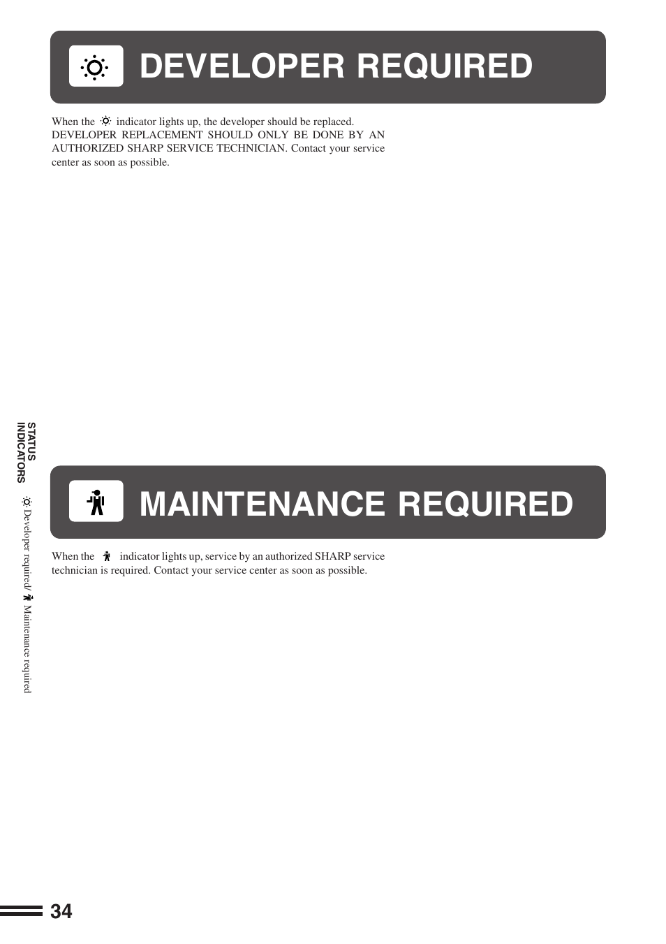 Maintenance required, Developer required | Sharp AR-162S User Manual | Page 36 / 68